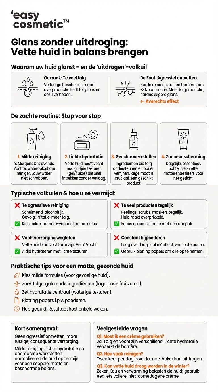 Wat helpt bij een vette, glanzende huid zonder deze uit te drogen?