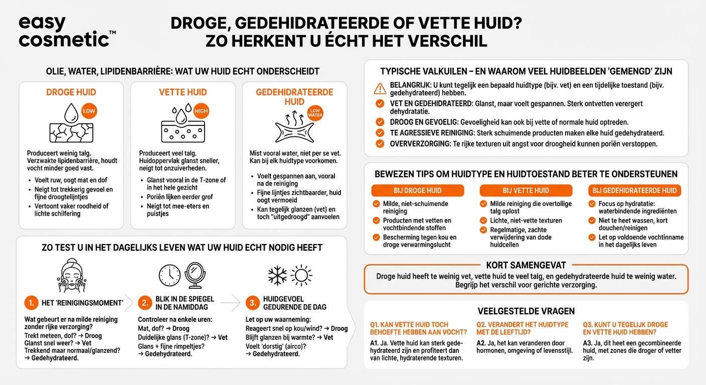 Wat is het verschil tussen droge, gedehydrateerde en vette huid?