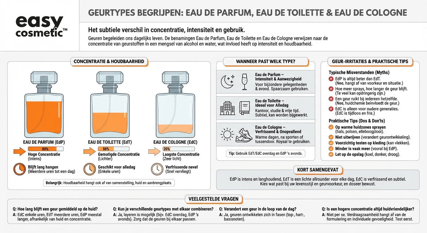 Wat is het verschil tussen eau de parfum, eau de toilette en eau de cologne?