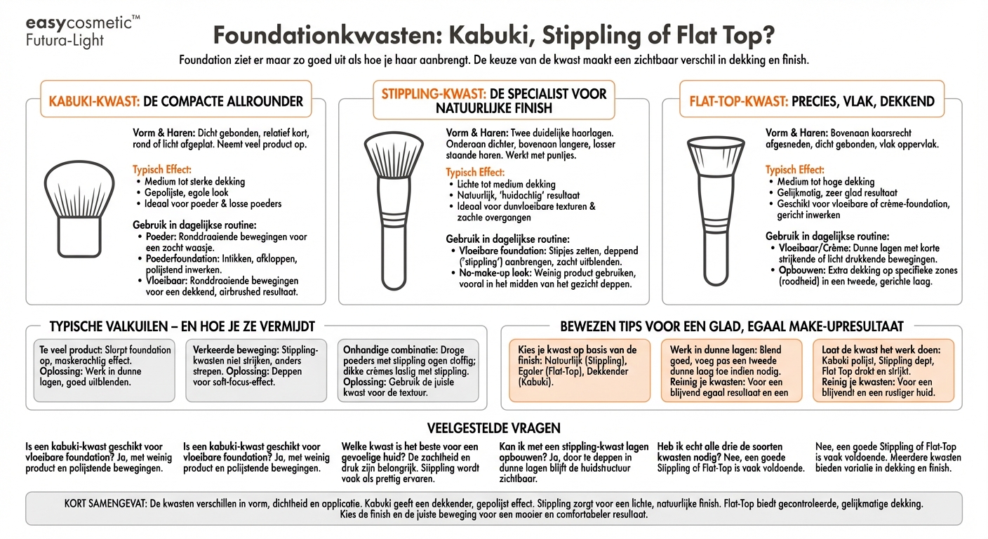 Wat is het verschil tussen een kabukipenseel, een stipplingpenseel en een flat-top-foundationpenseel?