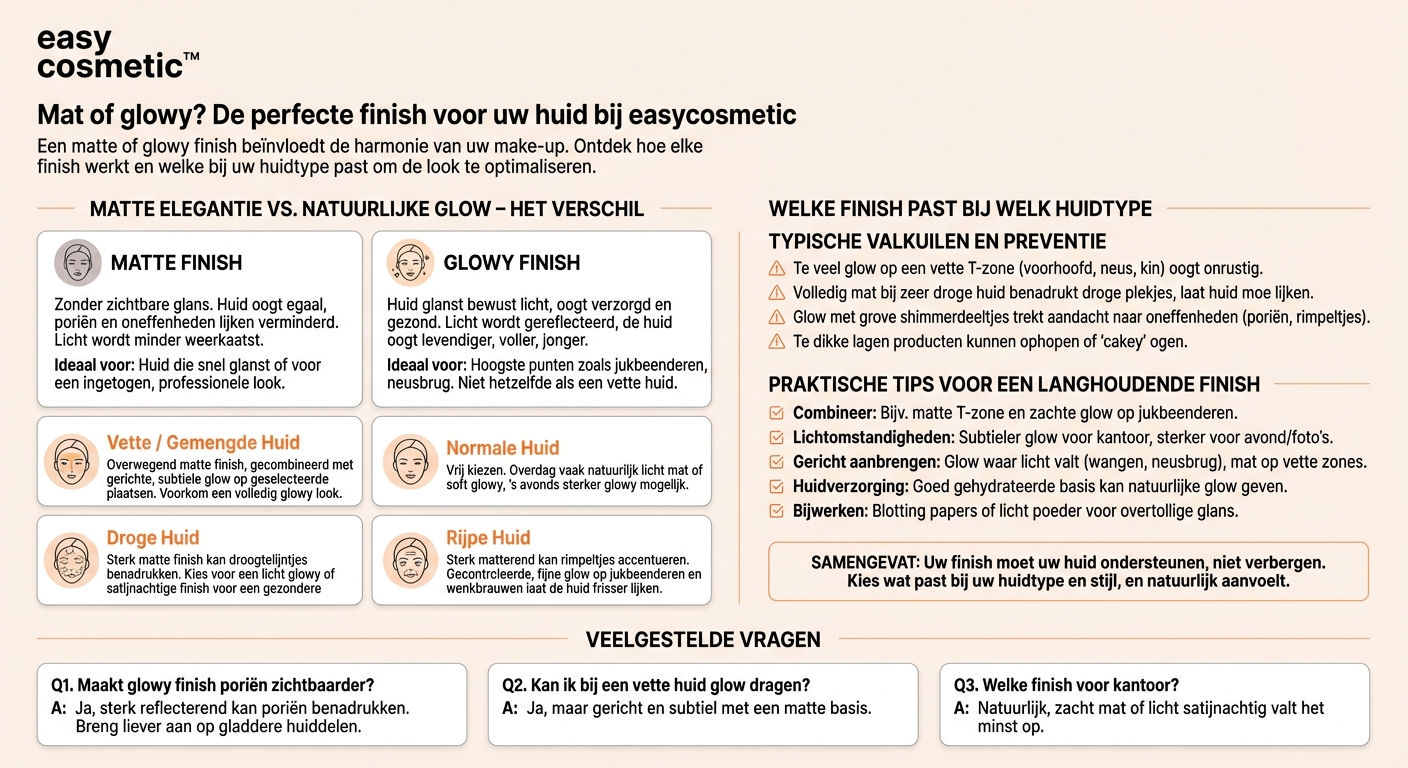 Wat is het verschil tussen een matte en een glowy finish en wat past bij welk huidtype?