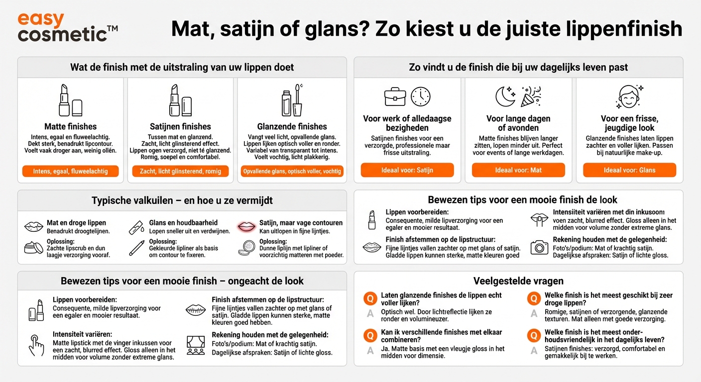 Wat is het verschil tussen matte, satijnen en glanzende finishes bij lipproducten?