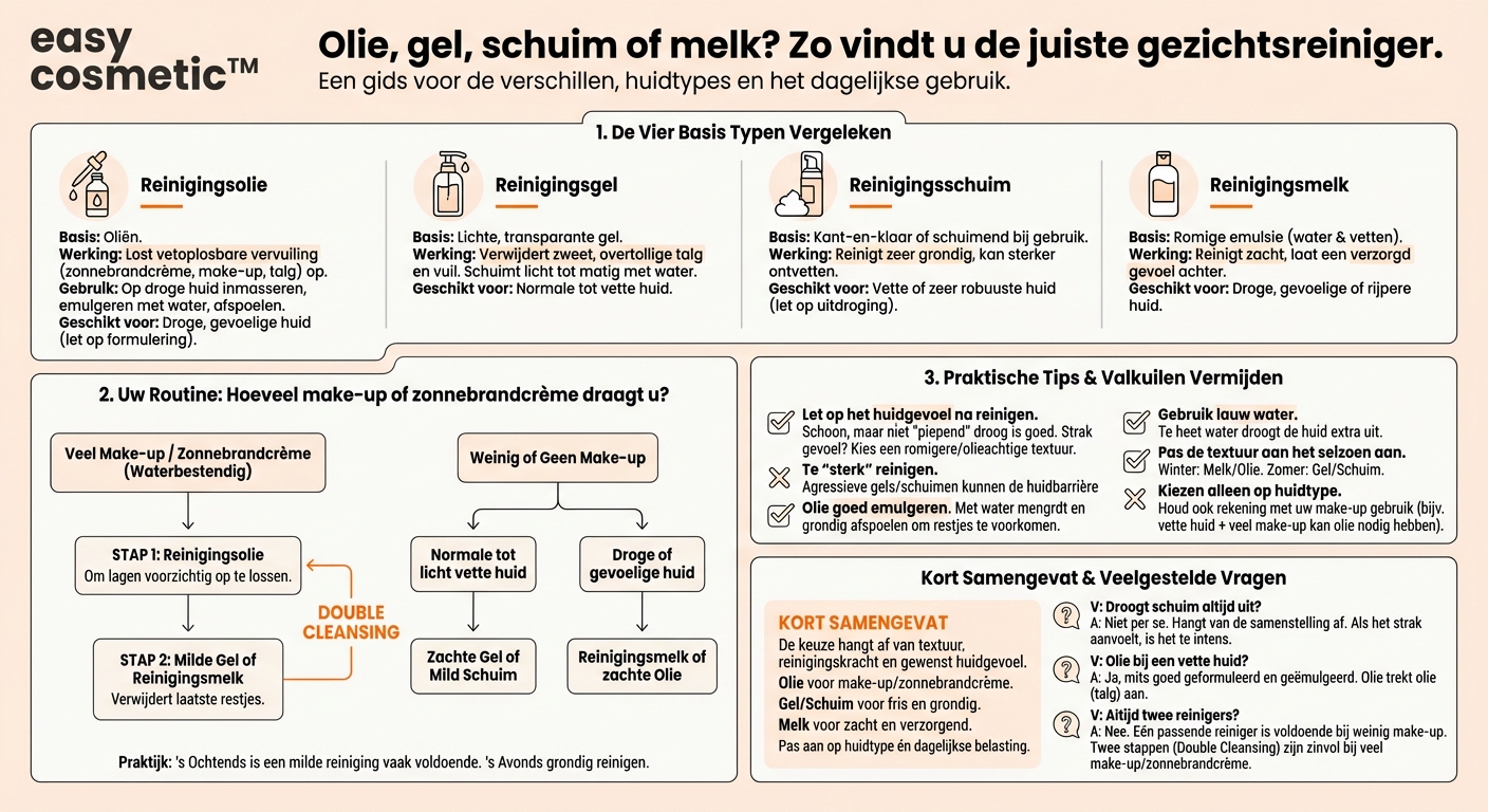 Wat is het verschil tussen reinigingsolie, -gel, -schuim en -melk?