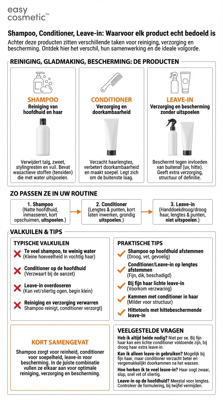 Wat is het verschil tussen shampoo, conditioner en leave-in-producten?