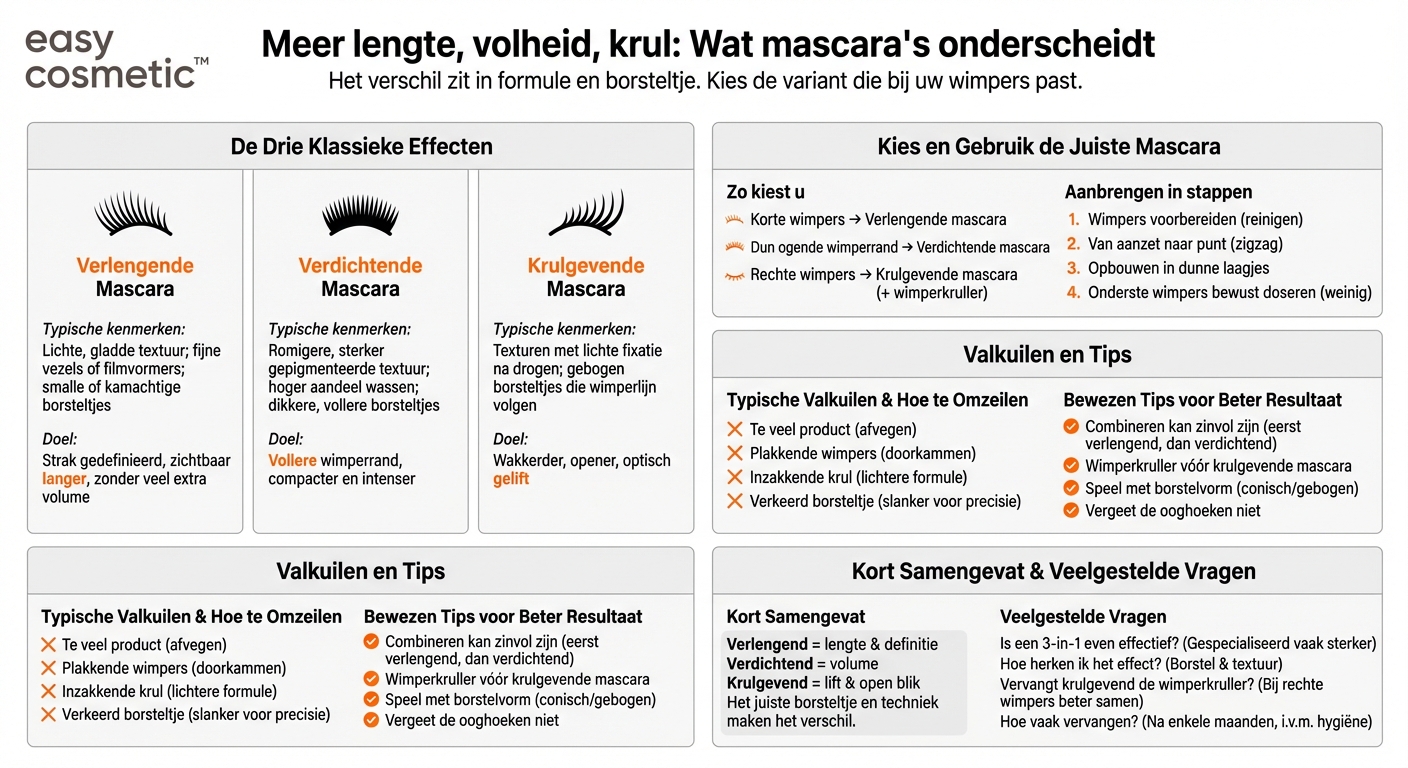 Wat is het verschil tussen verlengende, verdikkende en krulgevende mascara?