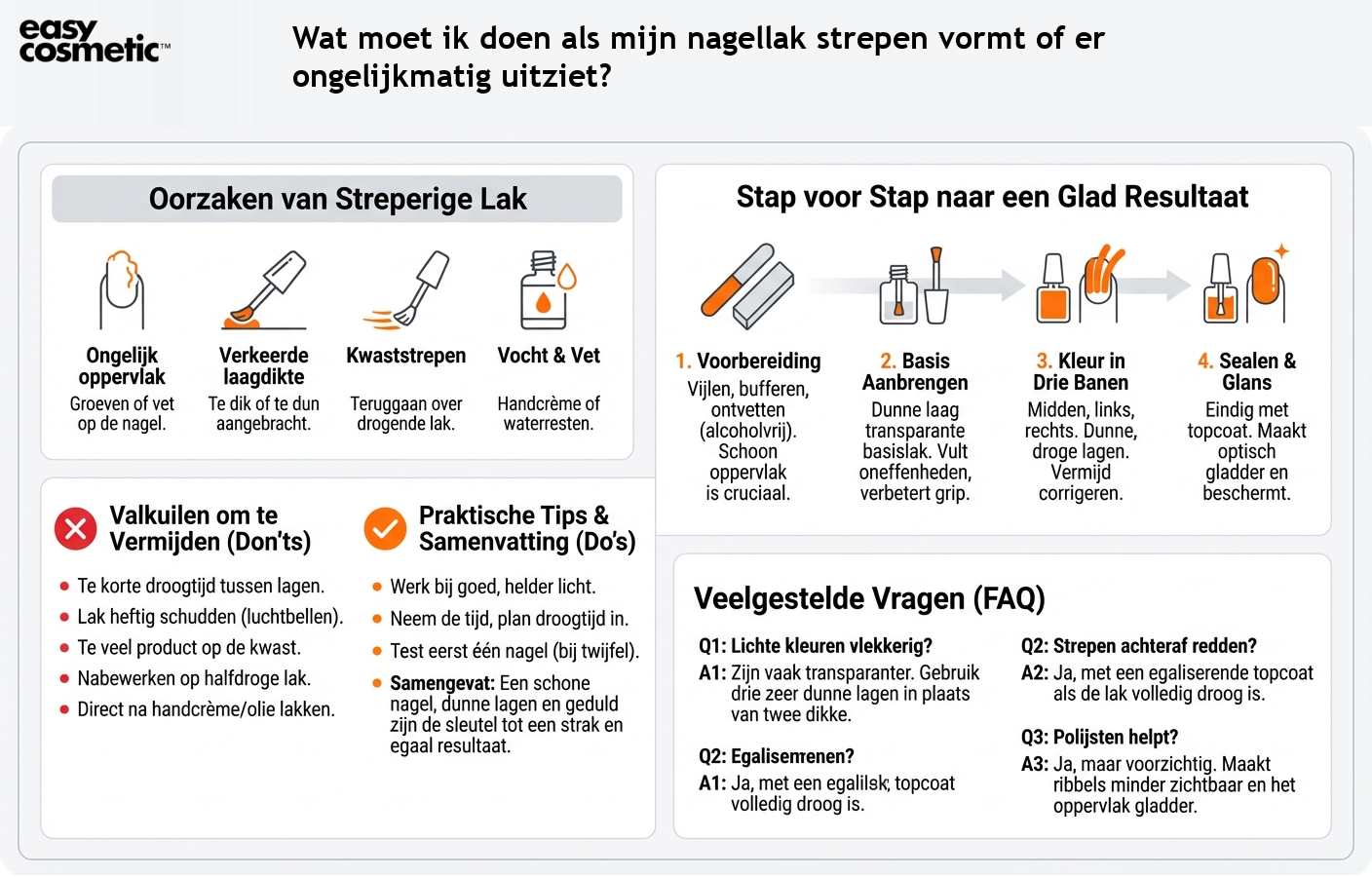 Wat moet ik doen als mijn nagellak strepen vormt of er ongelijkmatig uitziet?