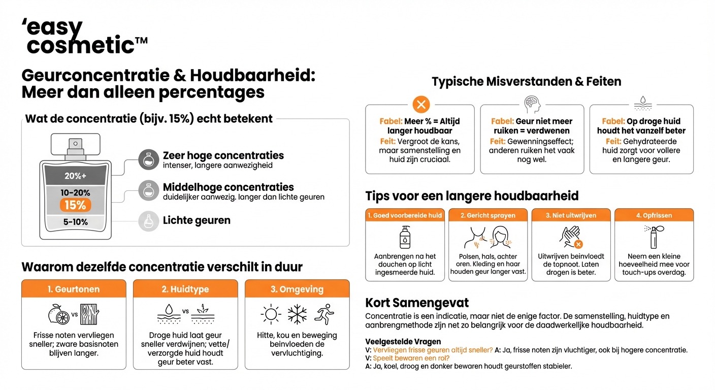 Wat zegt de geurconcentratie (bijv. 15% parfumolie) over de houdbaarheid?