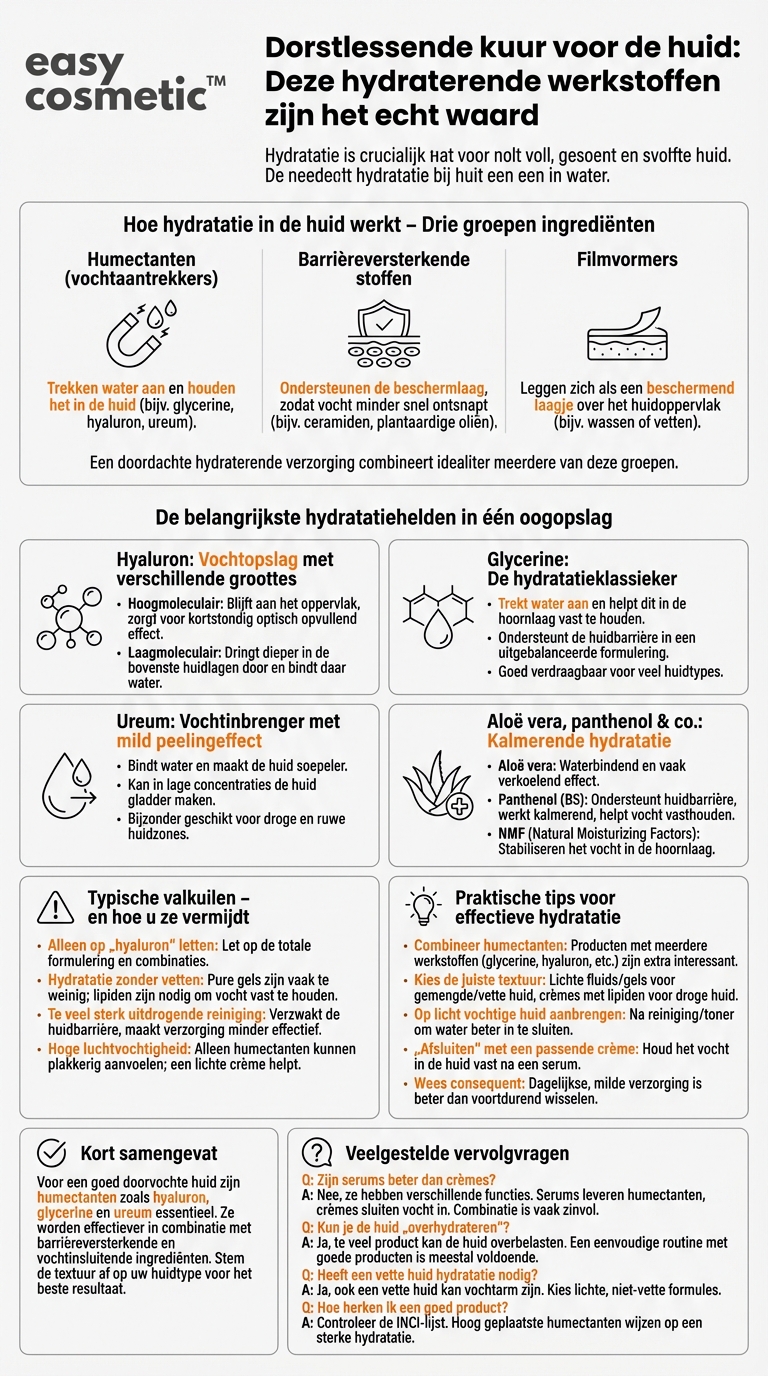 Wat zijn de belangrijkste ingrediënten voor hydratatie (bijv. hyaluronzuur, glycerine)?