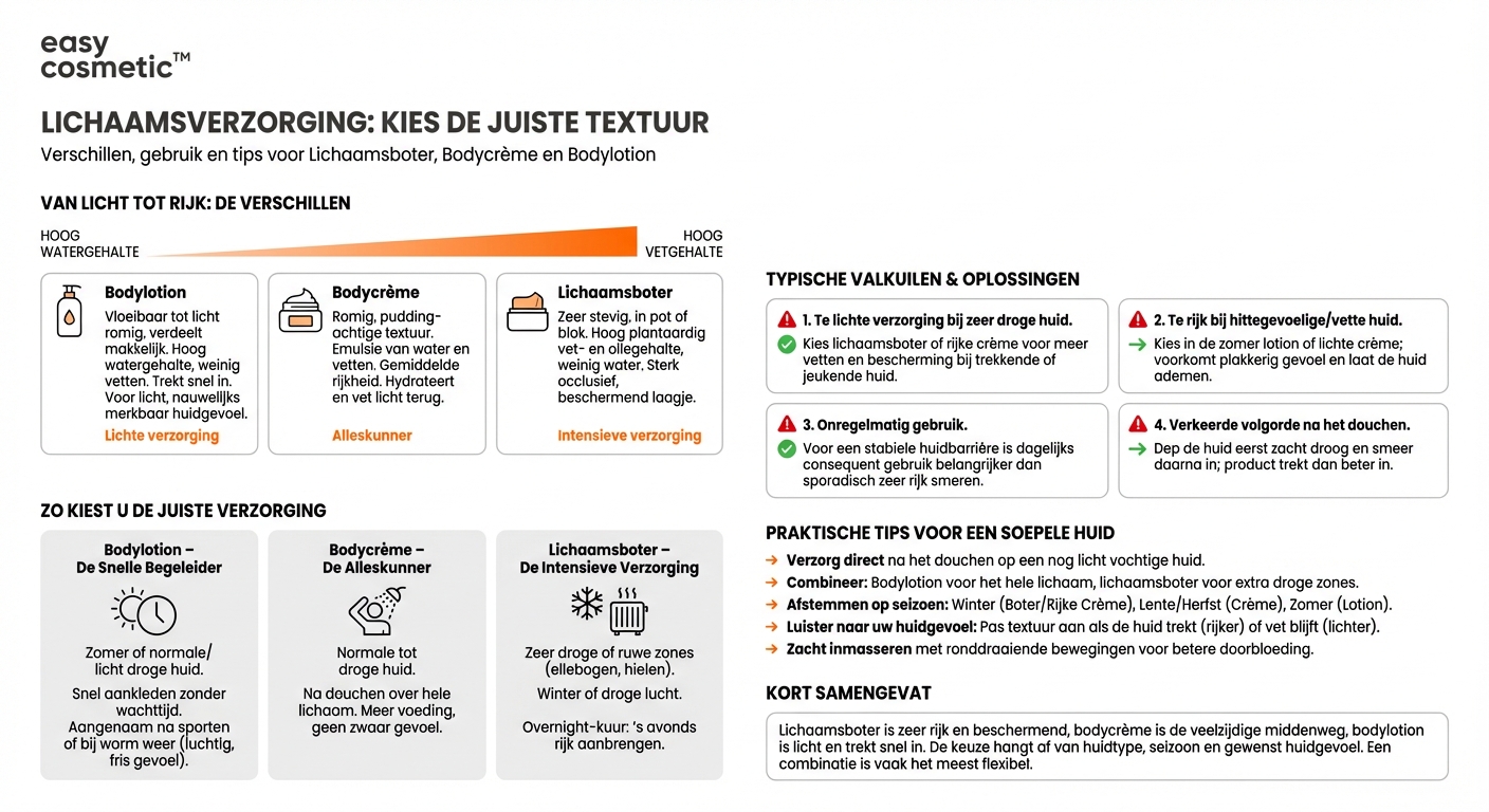 Wat zijn de verschillen tussen bodybutter, bodycrème en bodylotion in gebruik en verzorgende werking?