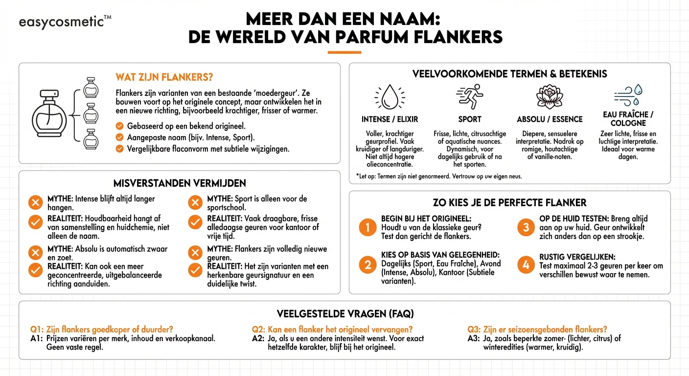 Wat zijn flankers bij parfums (bijv. Intense, Sport, Absolu)?