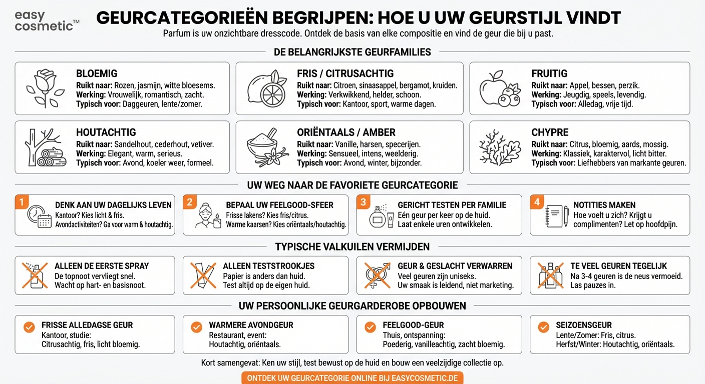 Wat zijn geurfamilies (bijv. bloemig, oriëntaals, houtachtig) en hoe kies ik er een uit?