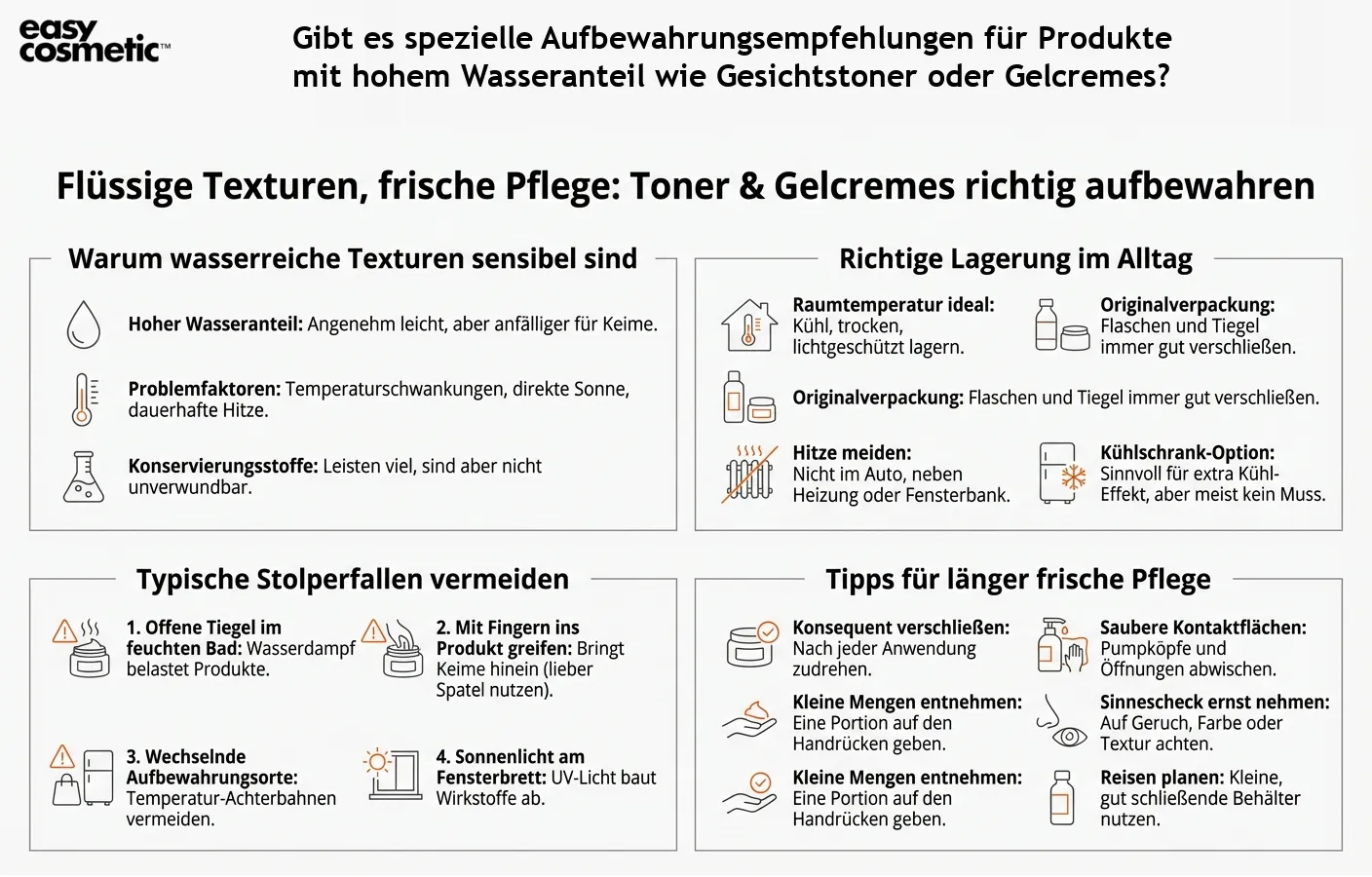 Gibt es spezielle Aufbewahrungsempfehlungen für Produkte mit hohem Wasseranteil wie Gesichtstoner oder Gelcremes?