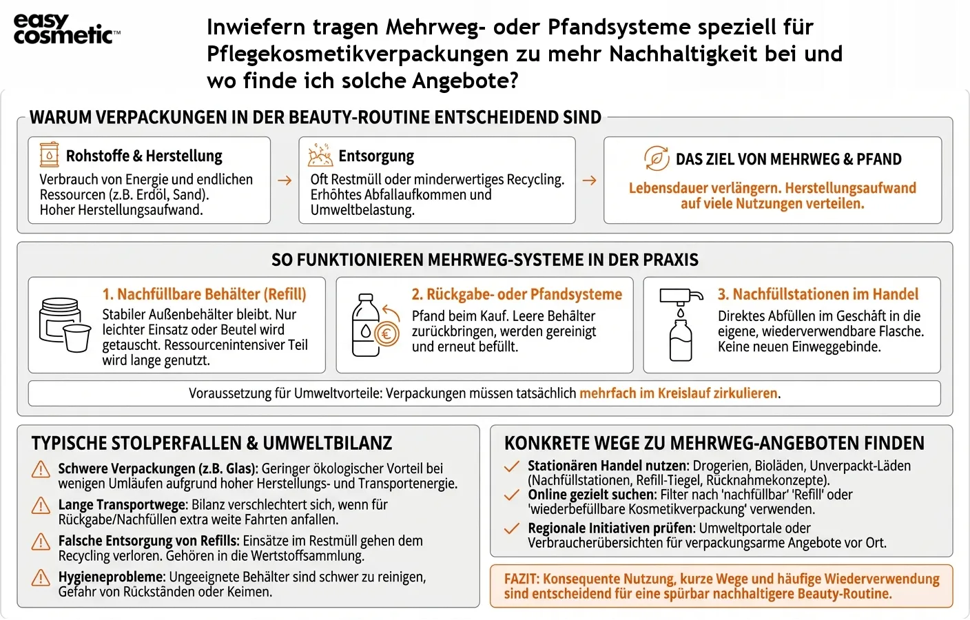 Inwiefern tragen Mehrweg- oder Pfandsysteme speziell für Pflegekosmetikverpackungen zu mehr Nachhaltigkeit bei und wo finde ich solche Angebote?