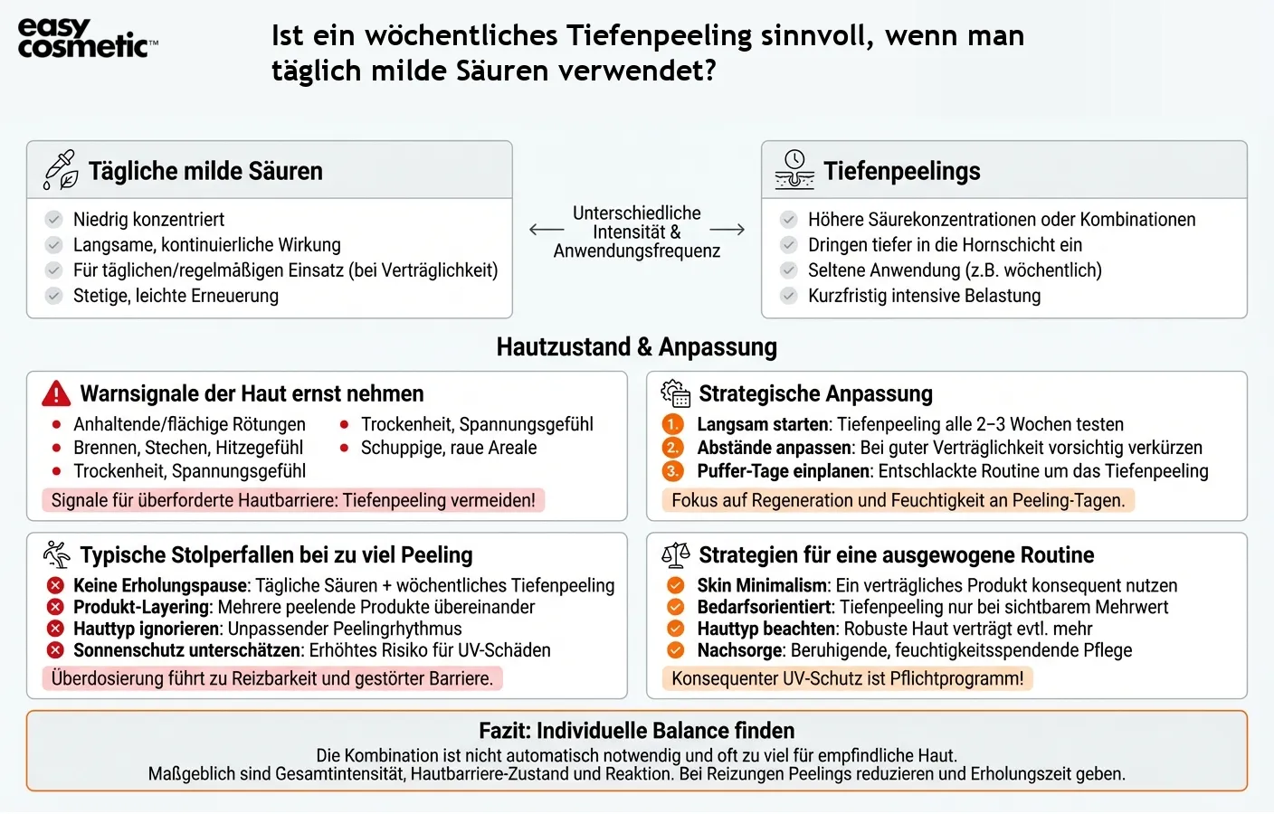 Ist ein wöchentliches Tiefenpeeling sinnvoll, wenn man täglich milde Säuren verwendet?