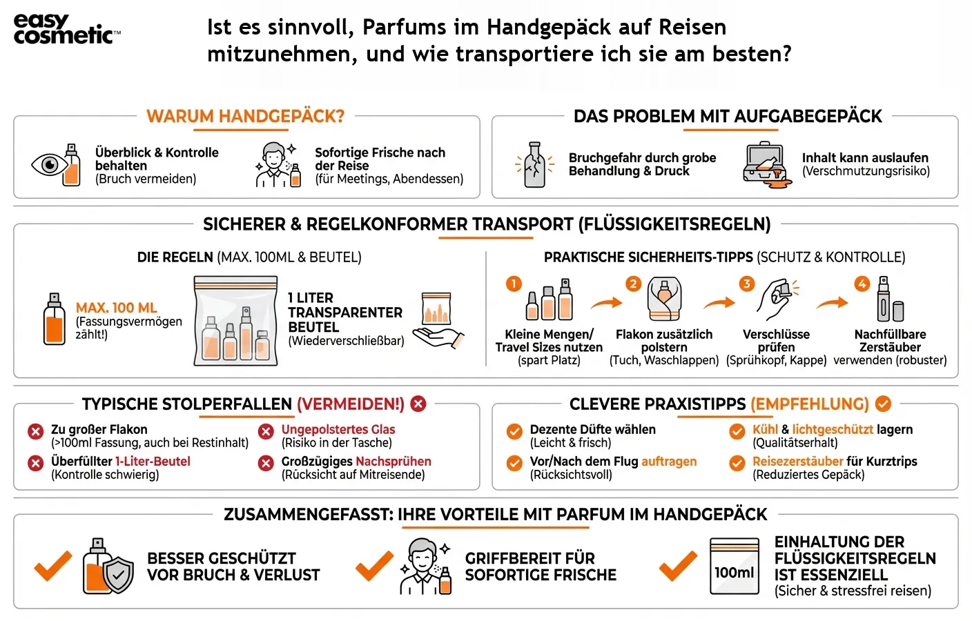Ist es sinnvoll, Parfums im Handgepäck auf Reisen mitzunehmen, und wie transportiere ich sie am besten?