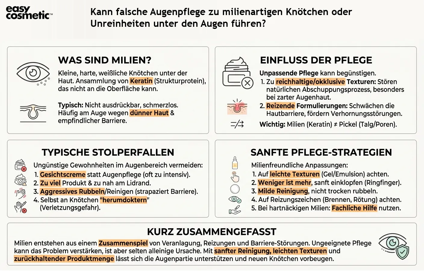 Kann falsche Augenpflege zu milienartigen Knötchen oder Unreinheiten unter den Augen führen?