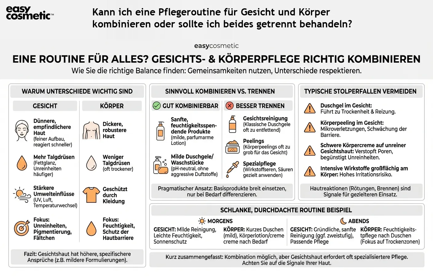 Kann ich eine Pflegeroutine für Gesicht und Körper kombinieren oder sollte ich beides getrennt behandeln?