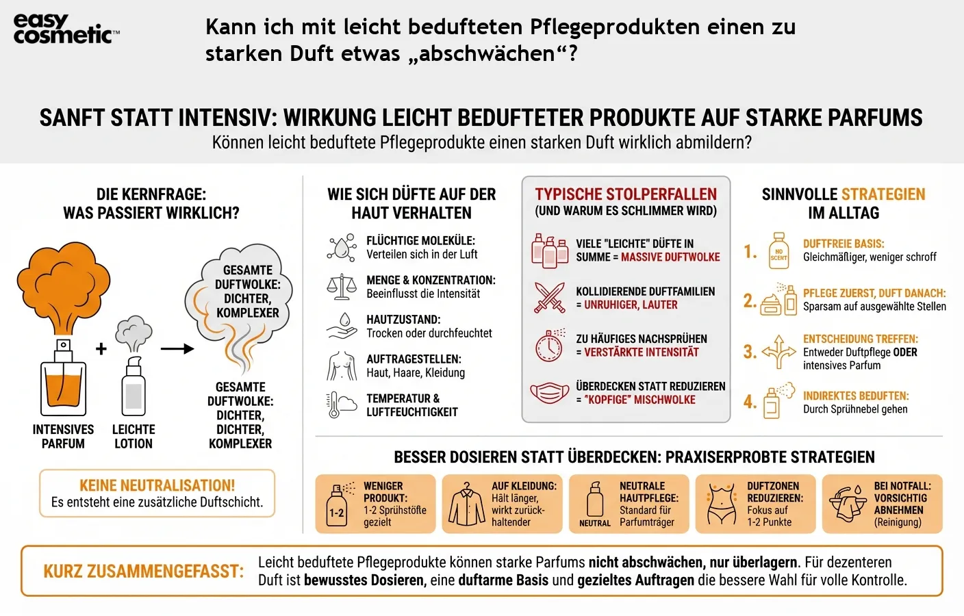 Kann ich mit leicht bedufteten Pflegeprodukten einen zu starken Duft etwas „abschwächen“?