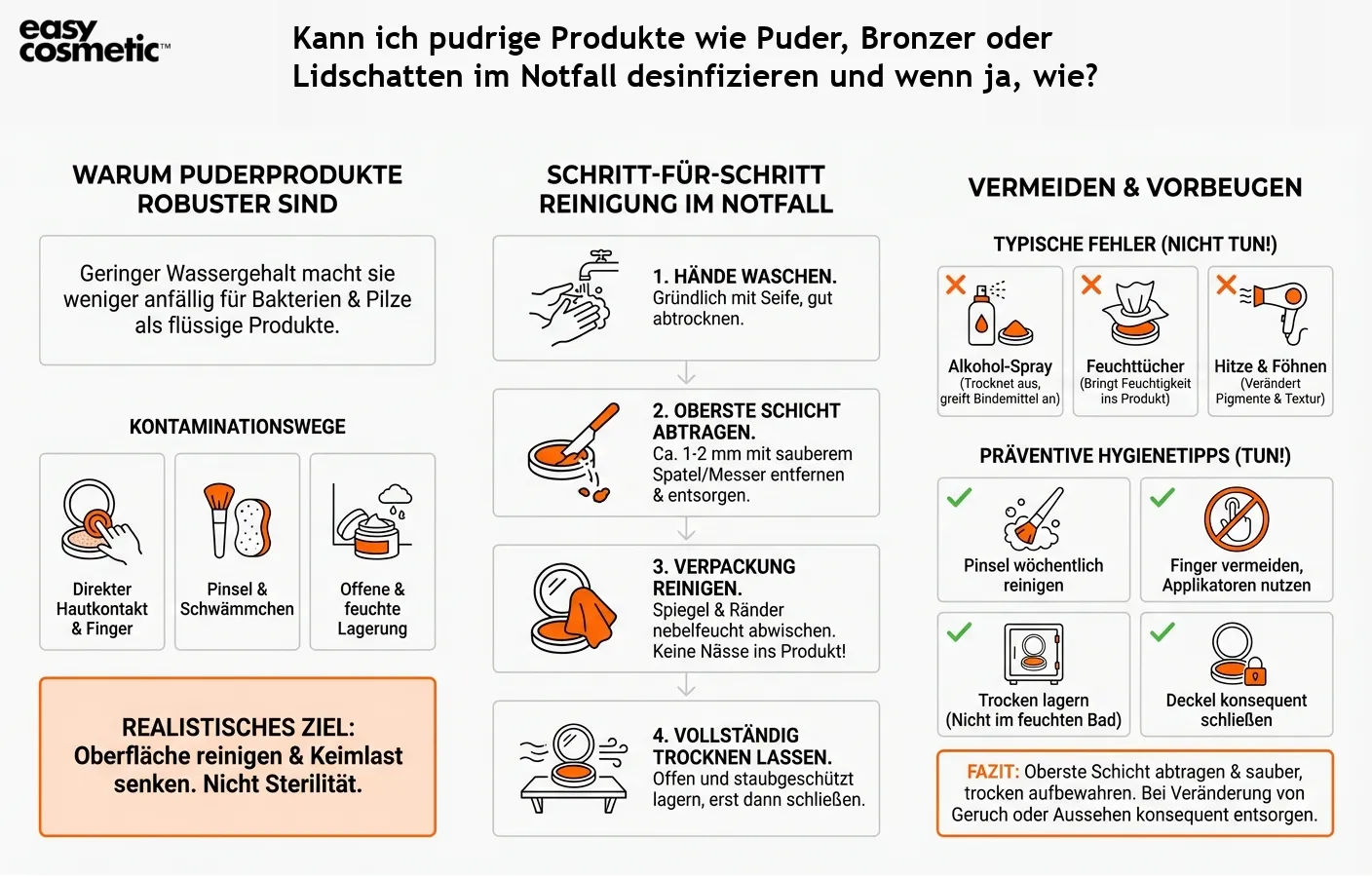 Kann ich pudrige Produkte wie Puder, Bronzer oder Lidschatten im Notfall desinfizieren und wenn ja, wie?