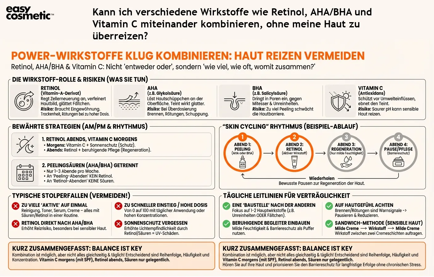 Kann ich verschiedene Wirkstoffe wie Retinol, AHA/BHA und Vitamin C miteinander kombinieren, ohne meine Haut zu überreizen?