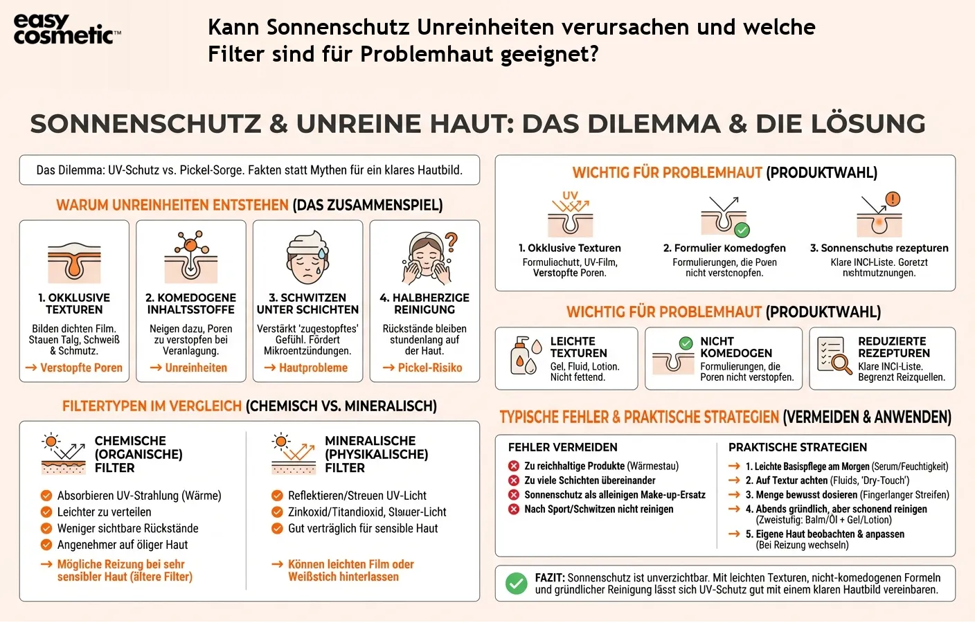 Kann Sonnenschutz Unreinheiten verursachen und welche Filter sind für Problemhaut geeignet?