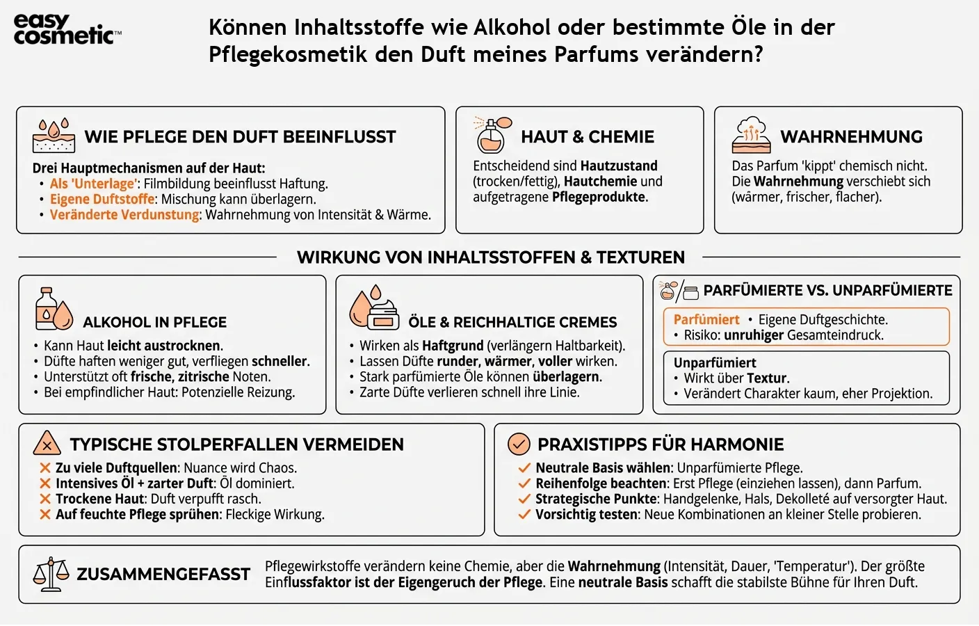 Können Inhaltsstoffe wie Alkohol oder bestimmte Öle in der Pflegekosmetik den Duft meines Parfums verändern?