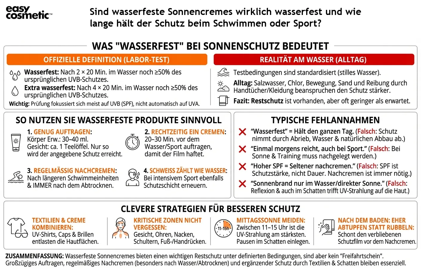 Sind wasserfeste Sonnencremes wirklich wasserfest und wie lange hält der Schutz beim Schwimmen oder Sport?