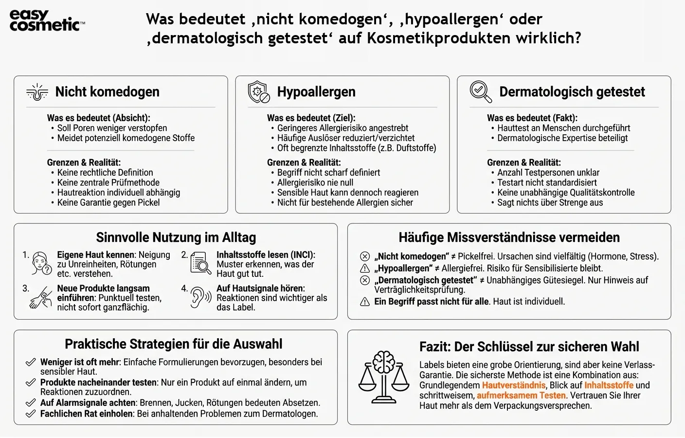 Was bedeutet ‚nicht komedogen‘, ‚hypoallergen‘ oder ‚dermatologisch getestet‘ auf Kosmetikprodukten wirklich?