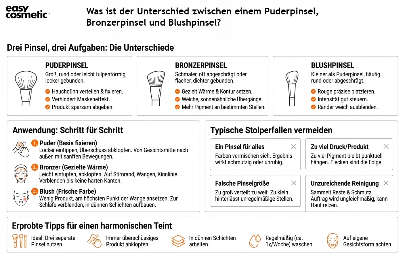 Was ist der Unterschied zwischen einem Puderpinsel, Bronzerpinsel und Blushpinsel?
