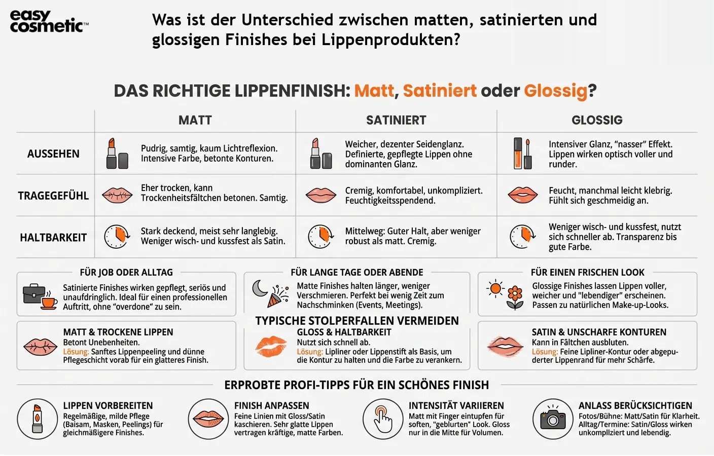 Was ist der Unterschied zwischen matten, satinierten und glossigen Finishes bei Lippenprodukten?