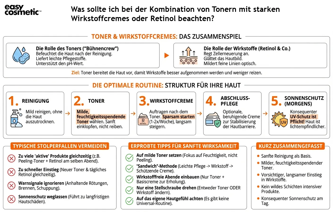 Was sollte ich bei der Kombination von Tonern mit starken Wirkstoffcremes oder Retinol beachten?