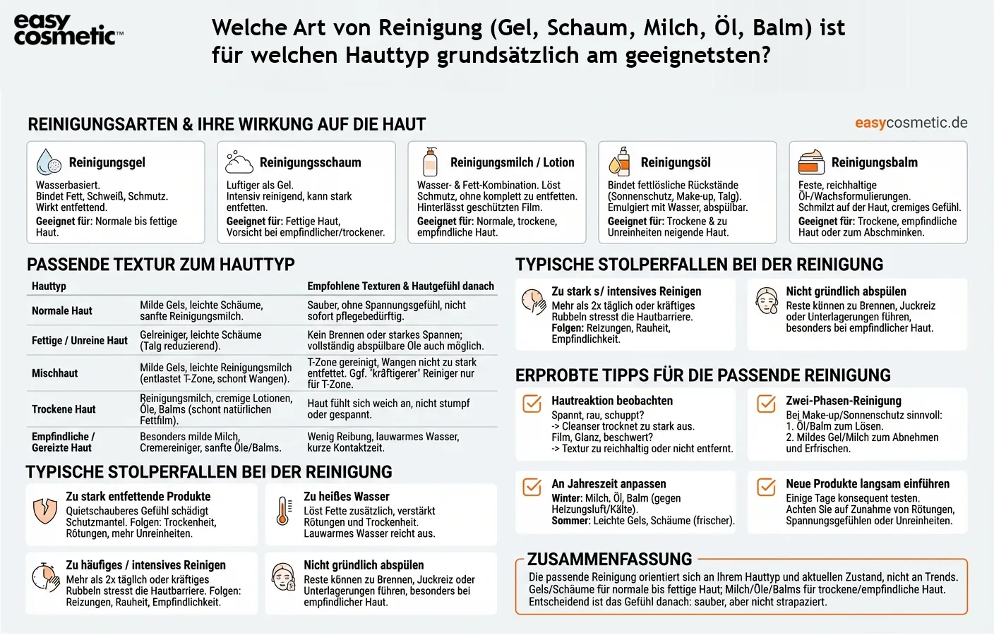 Welche Art von Reinigung (Gel, Schaum, Milch, Öl, Balm) ist für welchen Hauttyp grundsätzlich am geeignetsten?