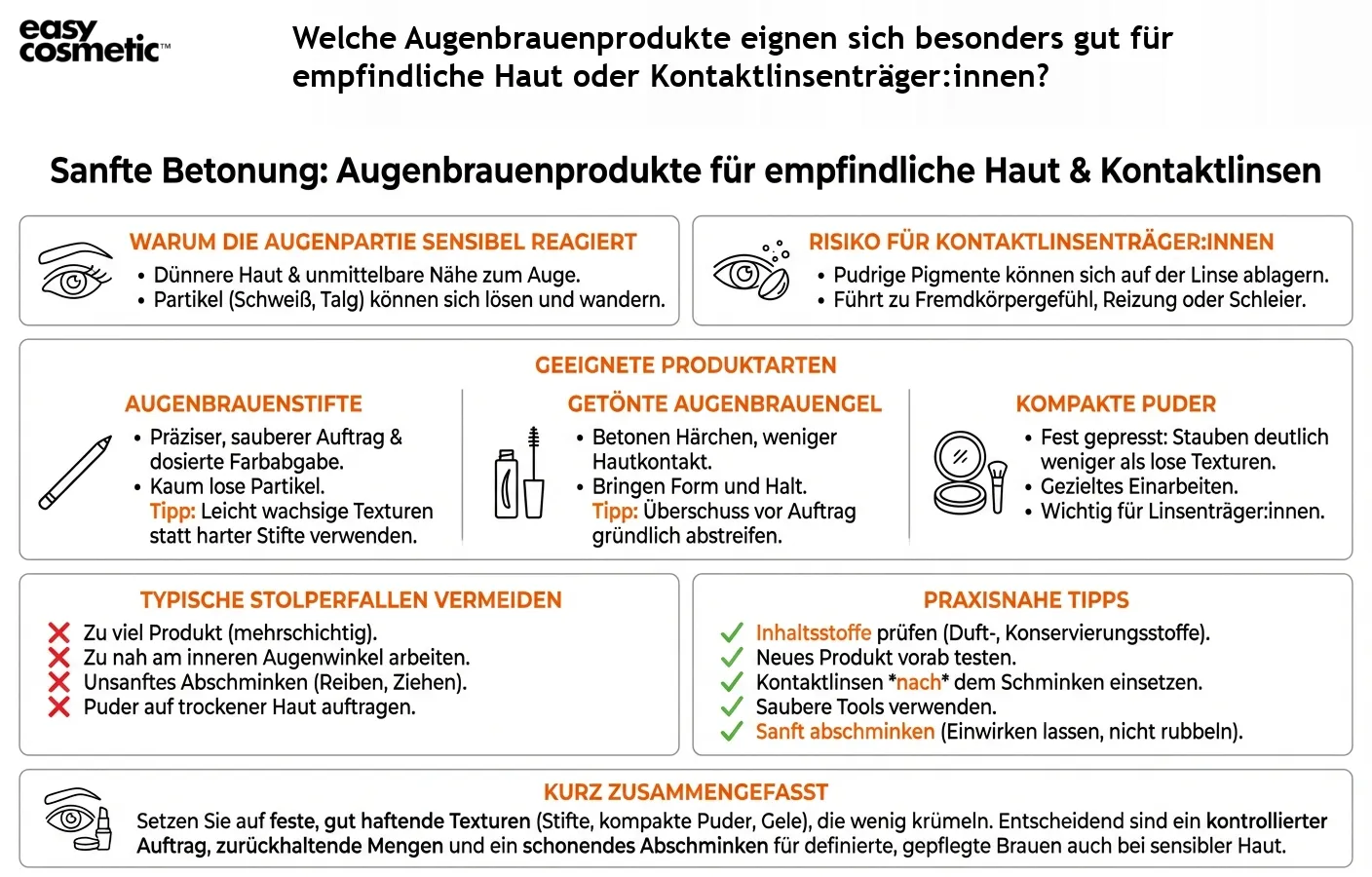 Welche Augenbrauenprodukte eignen sich besonders gut für empfindliche Haut oder Kontaktlinsenträger:innen?
