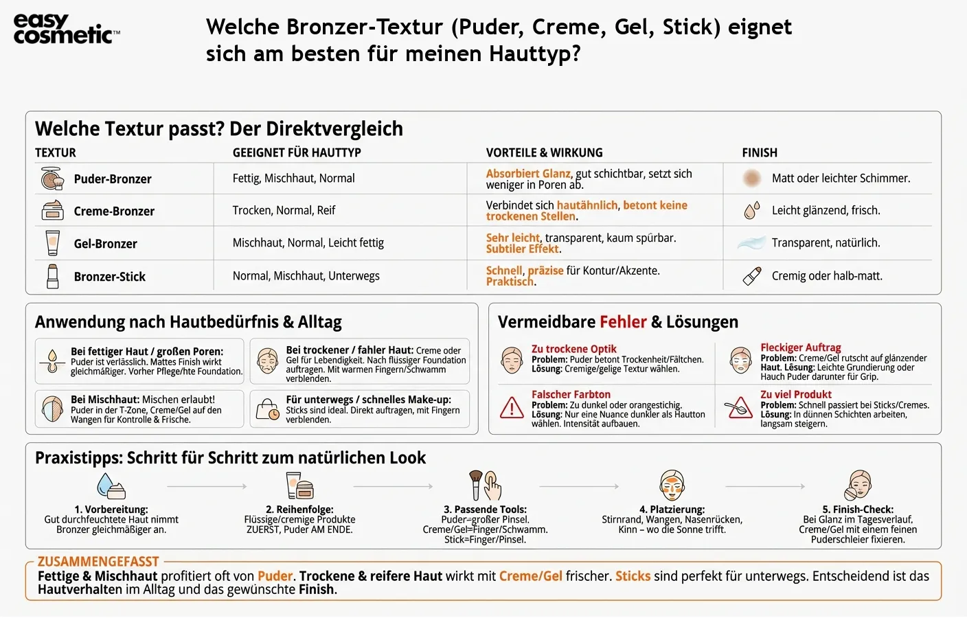 Welche Bronzer-Textur (Puder, Creme, Gel, Stick) eignet sich am besten für meinen Hauttyp?