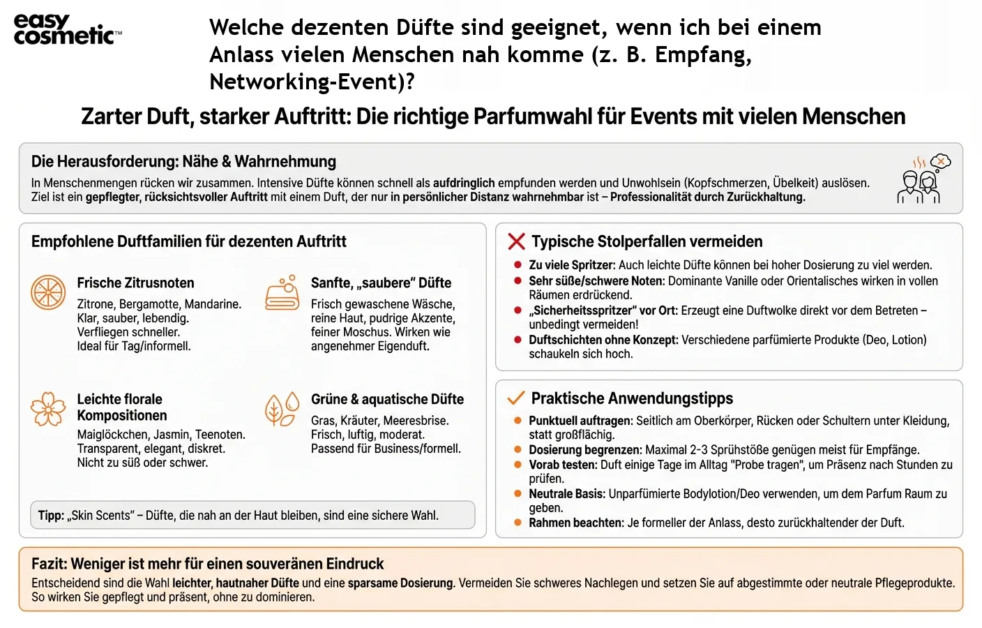Welche dezenten Düfte sind geeignet, wenn ich bei einem Anlass vielen Menschen nah komme (z. B. Empfang, Networking-Event)?