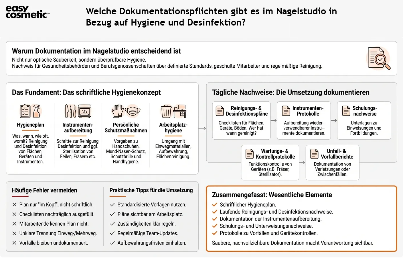 Welche Dokumentationspflichten gibt es im Nagelstudio in Bezug auf Hygiene und Desinfektion?