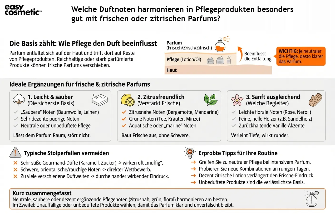Welche Duftnoten harmonieren in Pflegeprodukten besonders gut mit frischen oder zitrischen Parfums?