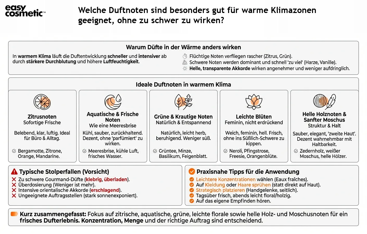 Welche Duftnoten sind besonders gut für warme Klimazonen geeignet, ohne zu schwer zu wirken?