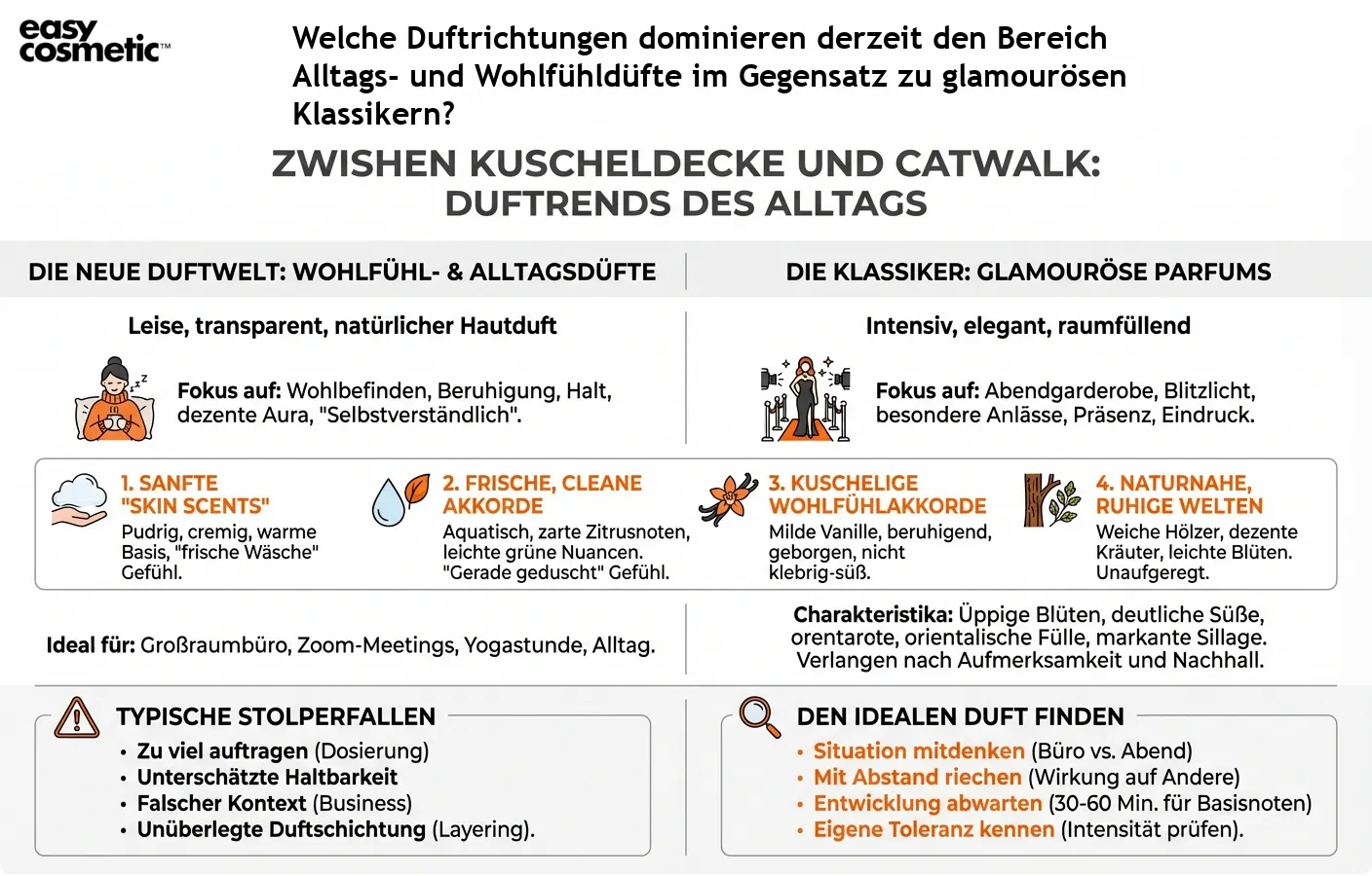 Welche Duftrichtungen dominieren derzeit den Bereich Alltags- und Wohlfühldüfte im Gegensatz zu glamourösen Klassikern?