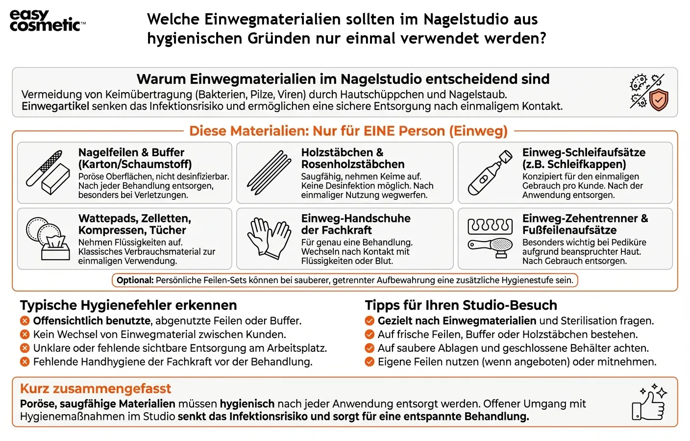 Welche Einwegmaterialien sollten im Nagelstudio aus hygienischen Gründen nur einmal verwendet werden?
