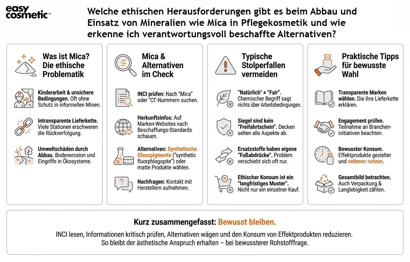 Welche ethischen Herausforderungen gibt es beim Abbau und Einsatz von Mineralien wie Mica in Pflegekosmetik und wie erkenne ich verantwortungsvoll beschaffte Alternativen?