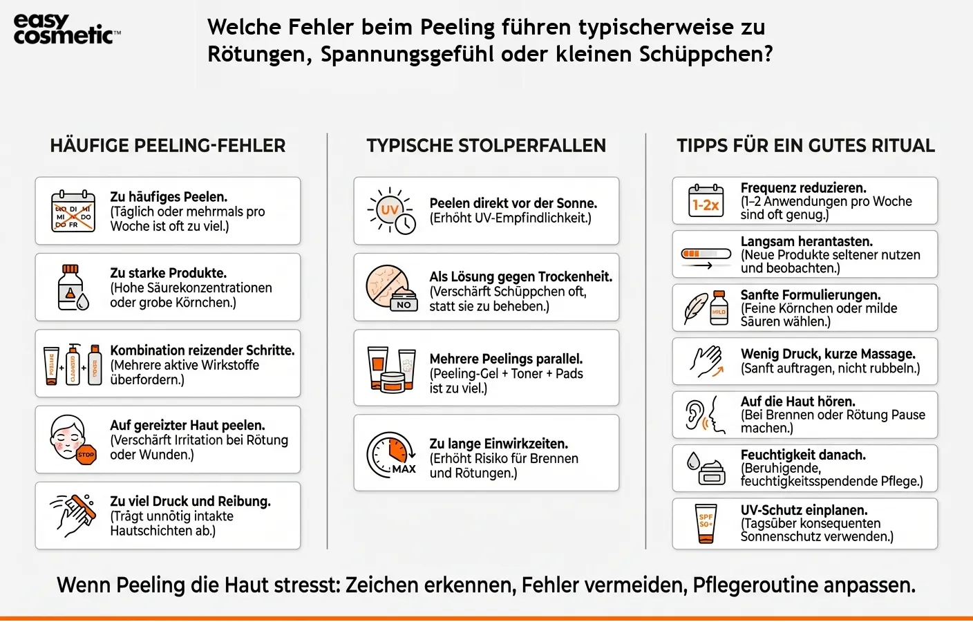 Welche Fehler beim Peeling führen typischerweise zu Rötungen, Spannungsgefühl oder kleinen Schüppchen?