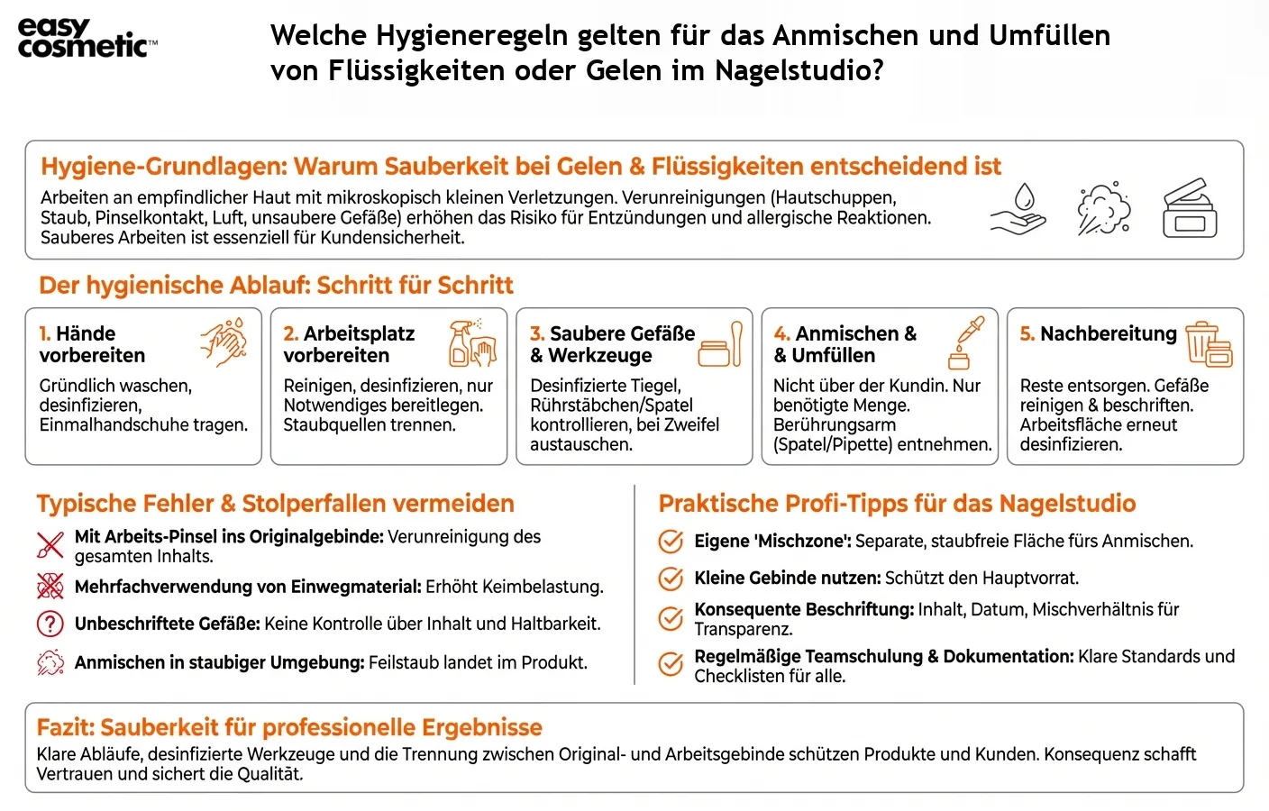 Welche Hygieneregeln gelten für das Anmischen und Umfüllen von Flüssigkeiten oder Gelen im Nagelstudio?