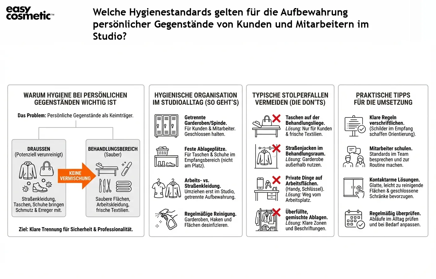 Welche Hygienestandards gelten für die Aufbewahrung persönlicher Gegenstände von Kunden und Mitarbeitern im Studio?