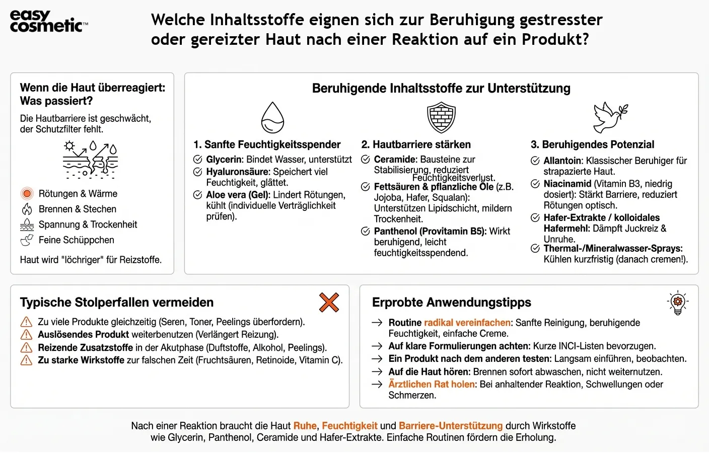 Welche Inhaltsstoffe eignen sich zur Beruhigung gestresster oder gereizter Haut nach einer Reaktion auf ein Produkt?