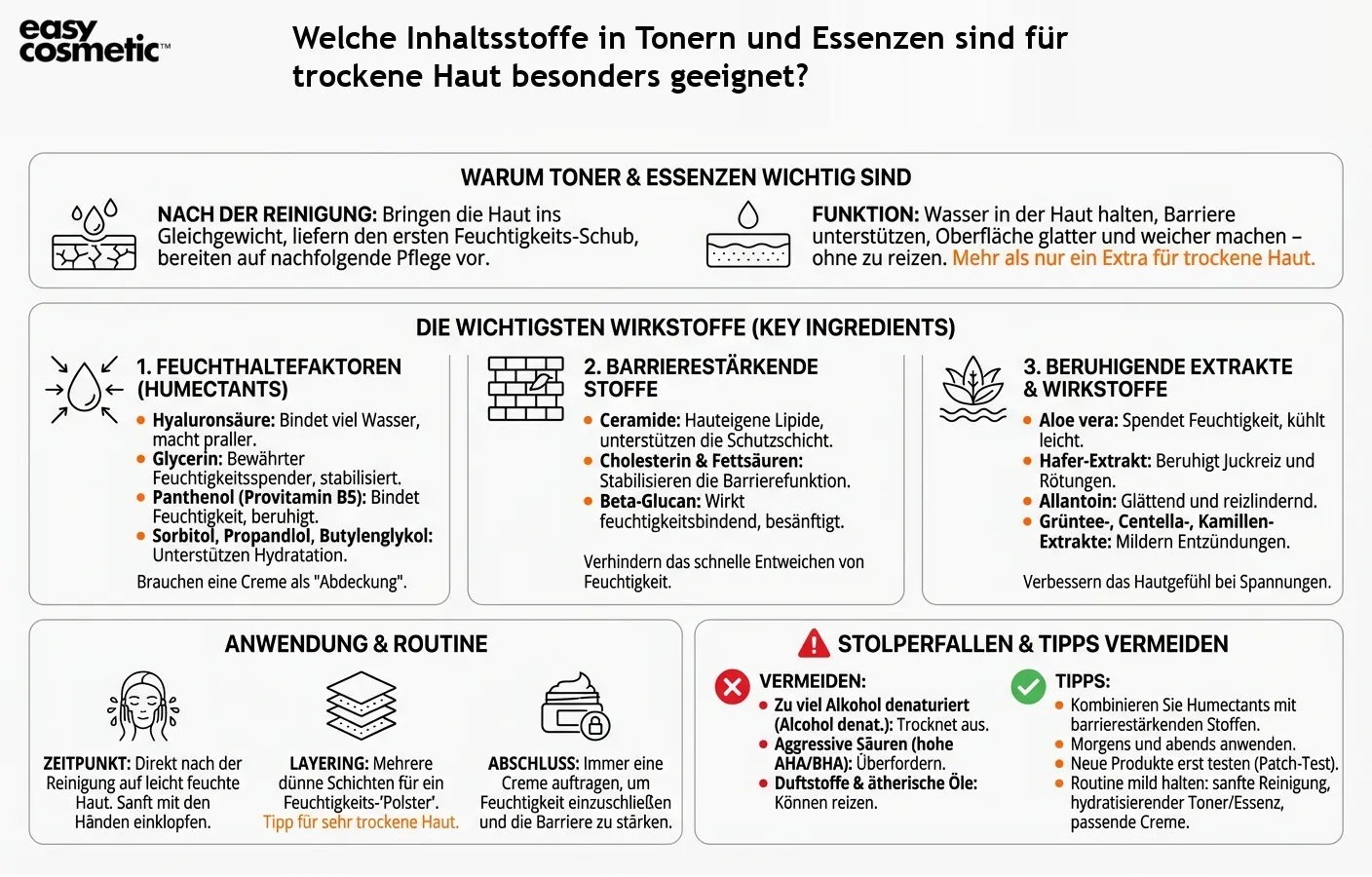 Welche Inhaltsstoffe in Tonern und Essenzen sind für trockene Haut besonders geeignet?