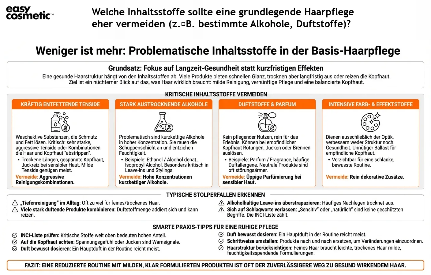 Welche Inhaltsstoffe sollte eine grundlegende Haarpflege eher vermeiden (z. B. bestimmte Alkohole, Duftstoffe)?