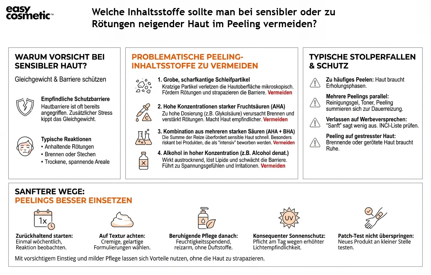 Welche Inhaltsstoffe sollte man bei sensibler oder zu Rötungen neigender Haut im Peeling vermeiden?