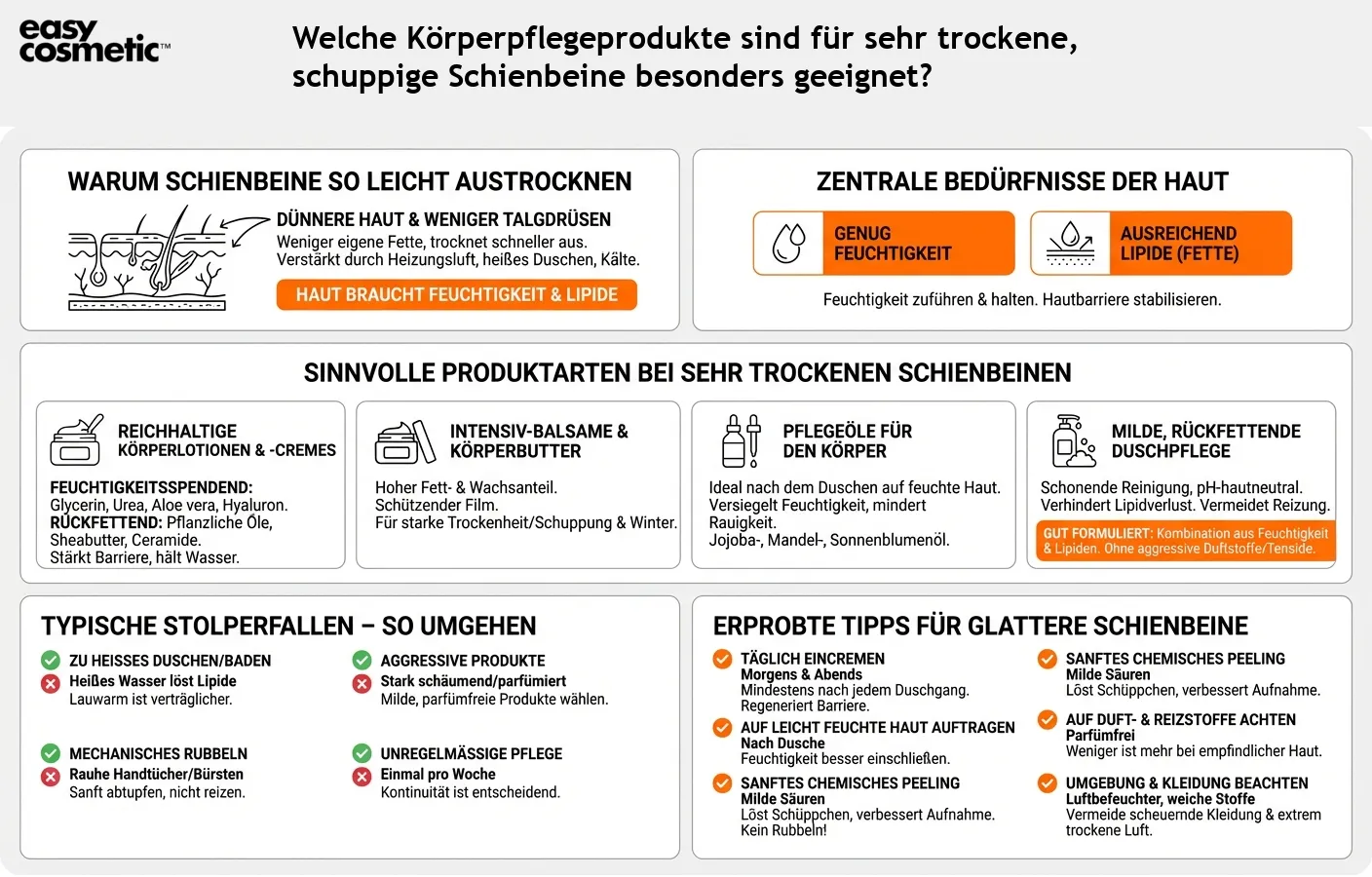 Welche Körperpflegeprodukte sind für sehr trockene, schuppige Schienbeine besonders geeignet?