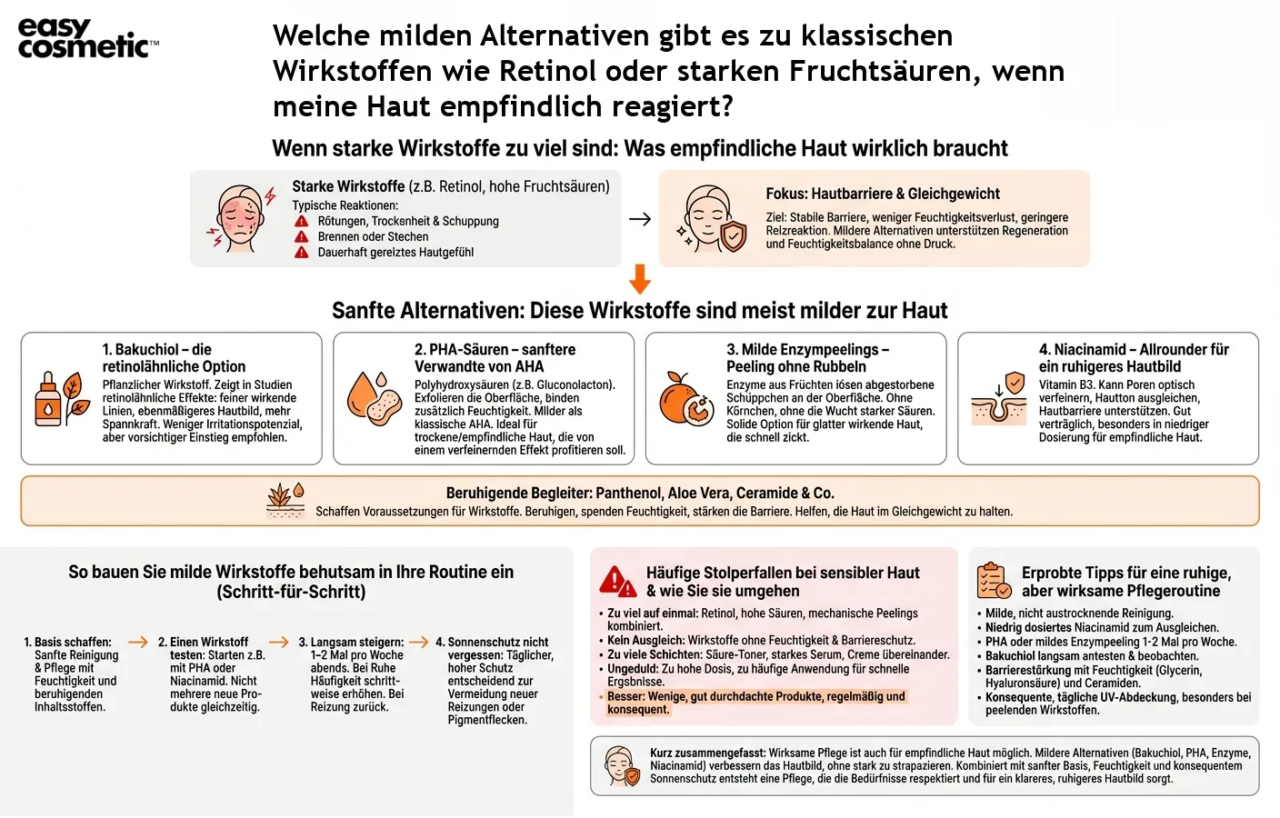 Welche milden Alternativen gibt es zu klassischen Wirkstoffen wie Retinol oder starken Fruchtsäuren, wenn meine Haut empfindlich reagiert?